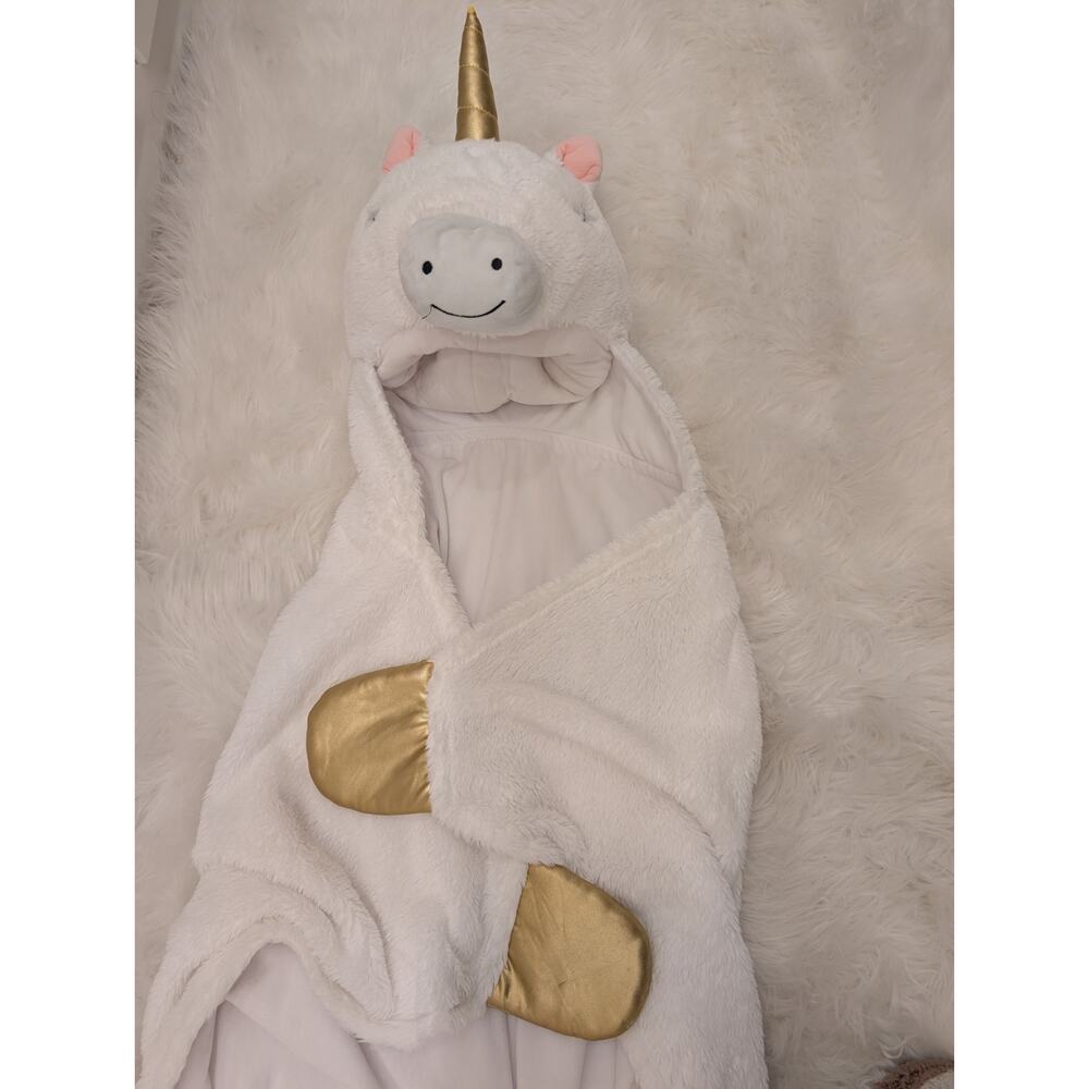 Children's Hooded White Unicorn Blanket Plush Head With Hair And Tail